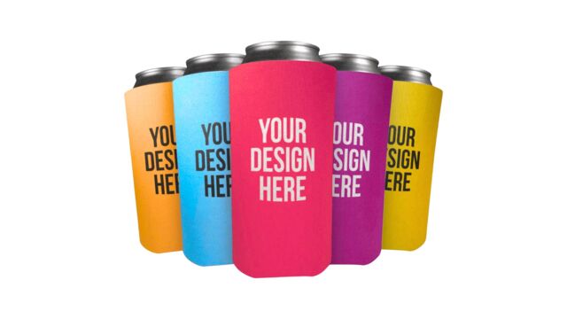 Custom koozies and can coolers — colorful neoprene sleeves with logo printing for events and promotions