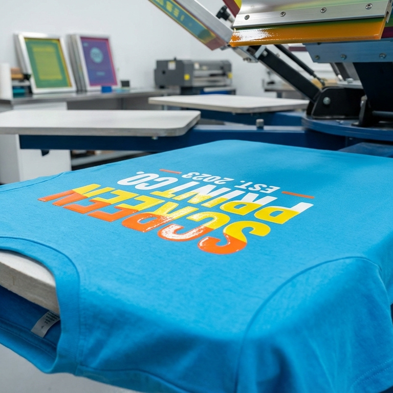Screen printing press applying a custom design to a blue t-shirt