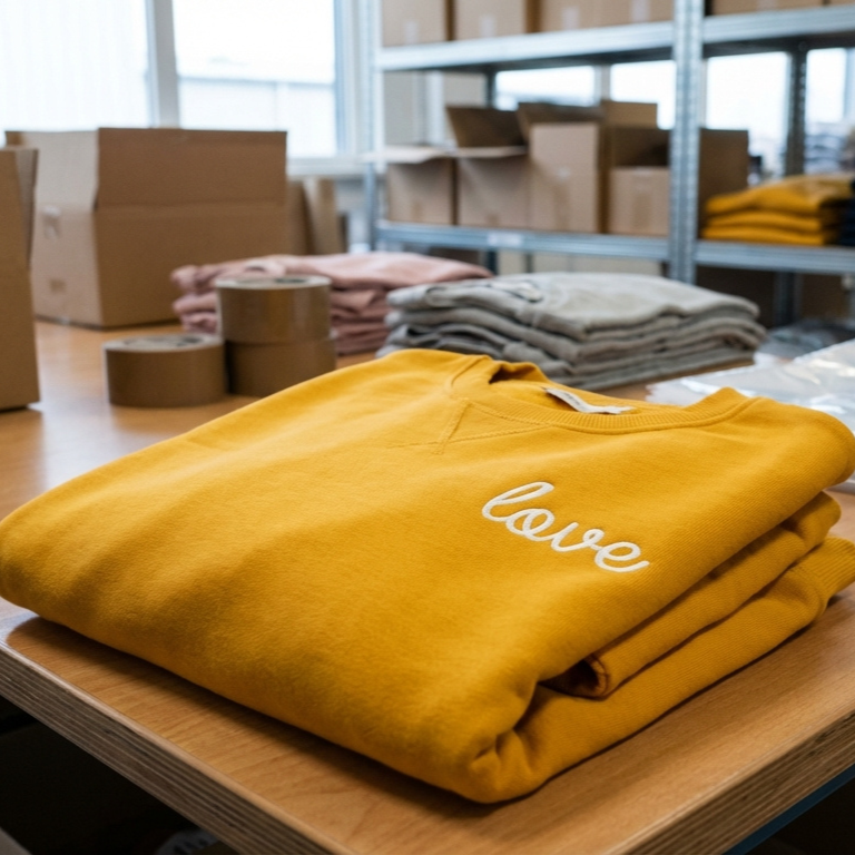 Folded embroidered sweatshirt prepared for order fulfillment