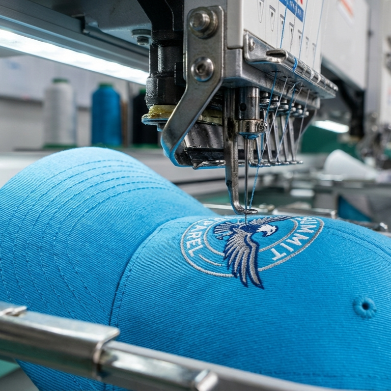 Embroidery machine stitching logo on hat