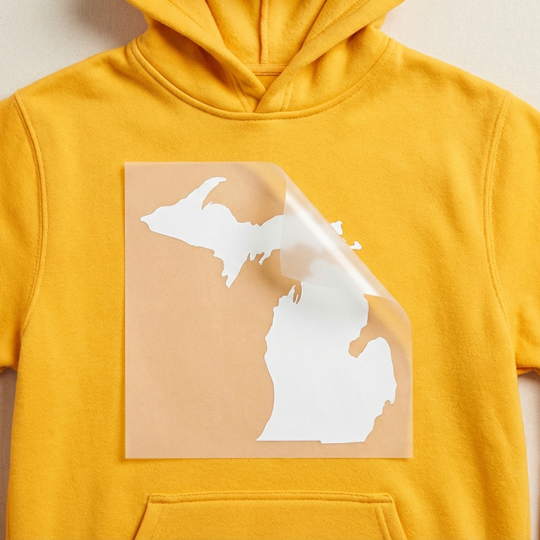 A vibrant yellow hoodie displayed flat with a white Michigan state graphic on the center chest, DTF transfer film partially peeled back to reveal the completed print on the fabric.