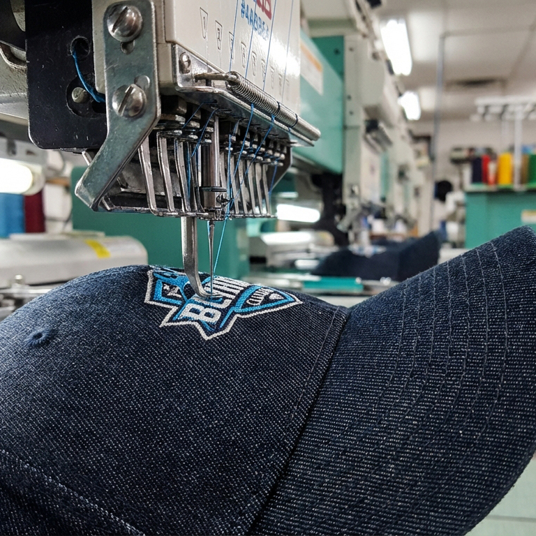 Close-up of a commercial embroidery machine stitching a blue and white logo onto a structured dark navy baseball cap in a professional embroidery facility.