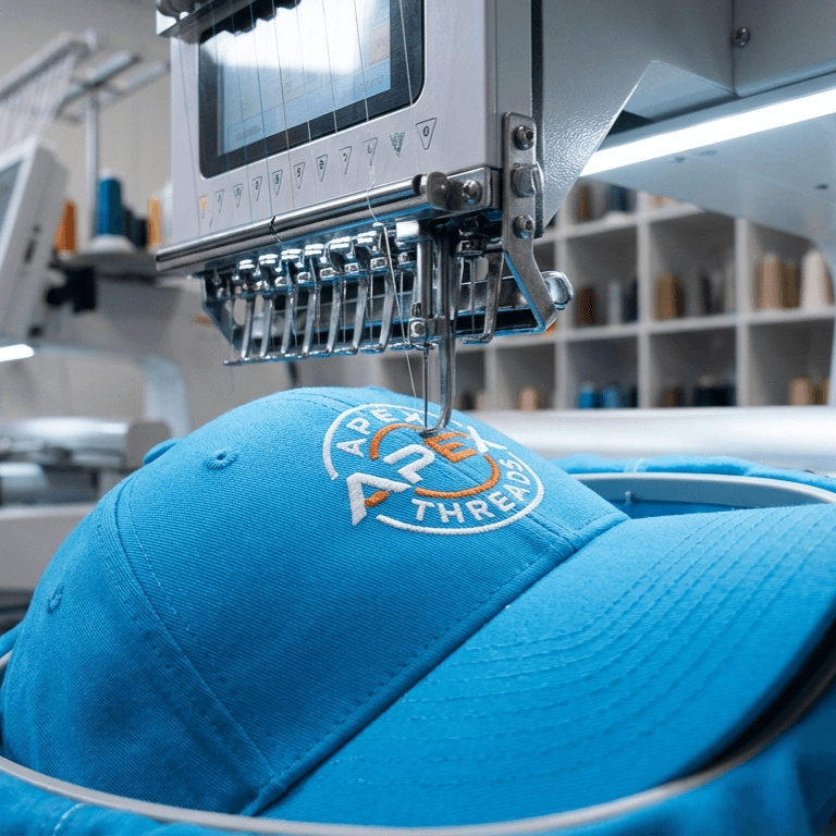 Embroidery machine stitching a logo onto a blue hat