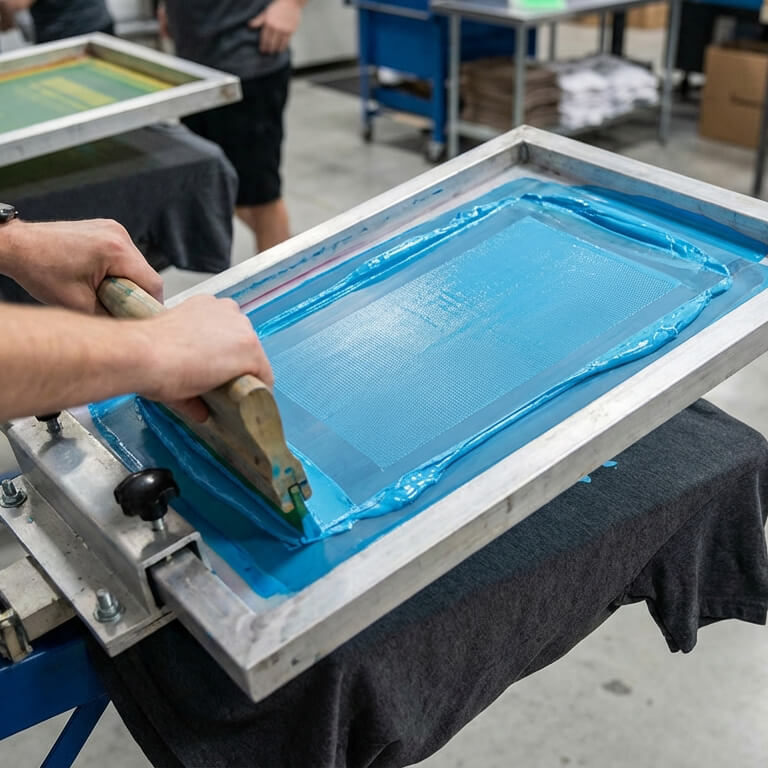 A screen printer pressing blue ink through a mesh screen frame onto a dark gray t-shirt using a squeegee in a professional screen printing shop.