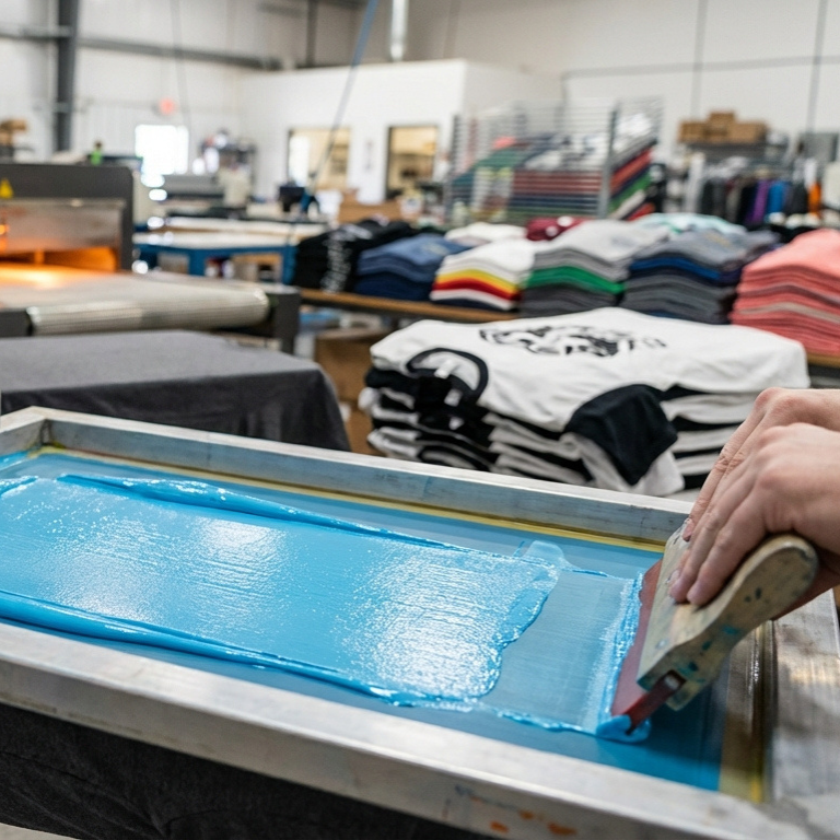 Screen printing press applying a custom design to a blue t-shirt